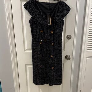 Donna Karan Black Tweed Midi Dress with Gold Buttons